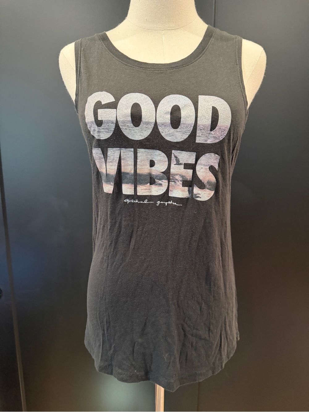 Spiritual Gangster Good Vibes Rocker Tank Vintage Black w/ Beach Scene - MEDIUM